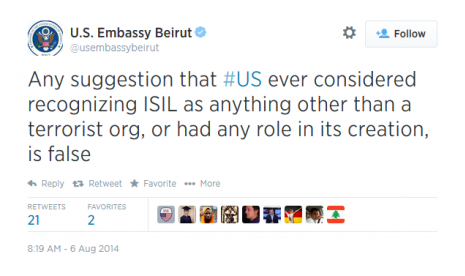 Kicauan Kedubes AS untuk Lebanon berupa klarifikasi tentang ISIS. 