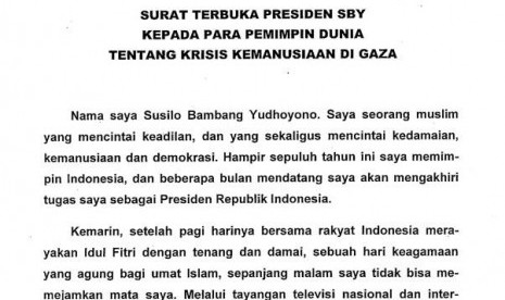 Surat terbuka SBY kepada pemimpin dunia tentang krisis kemanusiaan di Jalur Gaza.