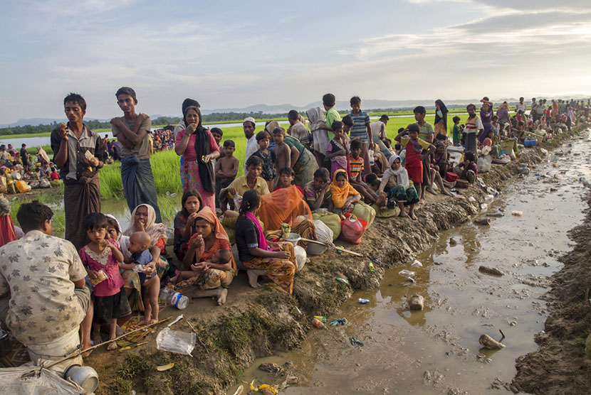  Ribuan pengungsi muslim Rohingya yang mealrikan diri dari Myanmar, tertahan di perbatasan di Palong Khali, Bangladesh, Selasa (17/10).