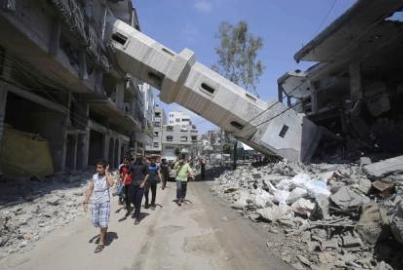 Reruntuhan bangunan akibat serangan Israel di Gaza, Palestina.