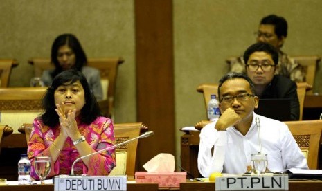 (dari kiri) Deputi BUMN Dwijanti Tjahjaningsih bersama Direktur Utama PLN Nur Pamudji menghadiri Rapat Dengar Pendapat (RDP) bersama Komsisi VI DPR RI di Komplek Parlemen Senayan, Jakarta, Selasa (2/9).(Republika/ Wihdan) 