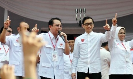 (dari kiri) Wakil Ketua Majelis Tinggi DPP Partai Demokrat Marzuki Alie, Sekretaris Jenderal Partai Demokrat Edhie Baskoro Yudhoyono, dan Ketua Fraksi Partai Demokrat Nurhayati Ali Asegaf saat Kampanye Akbar pasangan Capres dan Cawapres nomor urut 1 Prabow