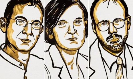 (kiri ke kanan) Abhijit Banerjee, Esther Duflo, dan Michael Kremer. Ketiga ekonom ini merupakan penerima Nobel bidang Ekonomi Tahun 2019.  