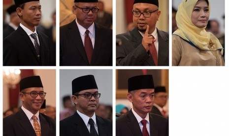 (kiri ke kanan atas) Komisioner KPU Pramono Ubaid Tanthowi, Arief Budiman, Ilham Saputra, Evi Novida Ginting Manik, (kiri ke kanan bawah) Hasyim Asy'ari, Viryan, dan Wahyu Setiawan saat menghadiri pelantikan Komisioner KPU dan Anggota Bawaslu di Istana Negara, Jakarta, Selasa (11/4). 