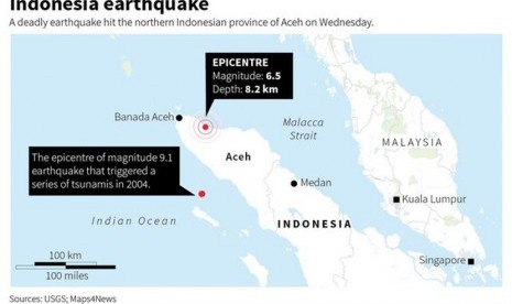 .Peta lokasi gempa yang melanda Pidie jaya Aceh.