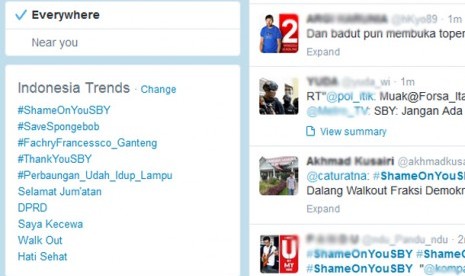 ##ShameOnYouSBY jadi trending topic di jejaring sosial Twitter. 