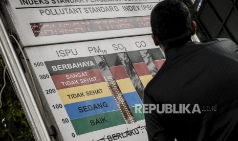 Warga melihat papan Indeks Standar Pencemar Udara (ISPU) menunjukan kondisi udara sangat tidak sehat di Kota Pekanbaru, Riau, Sabtu (21/9).