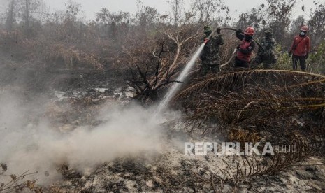 Sejumlah petugas Manggala Agni bersama anggota TNI berusaha melakukan pendinginan saat kebakaran hutan di Desa Rimbo Panjang, Kabupaten Kampar, Riau, Selasa (17/9).