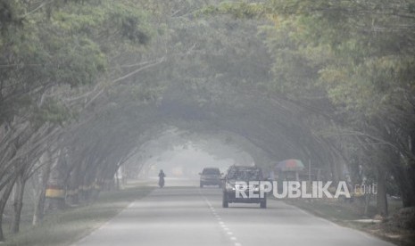 Sejumlah kendaraan melintas saat kabut asap kebakaran hutan dan lahan menyelimuti Kabupaten Siak, Riau, Selasa (10/9).