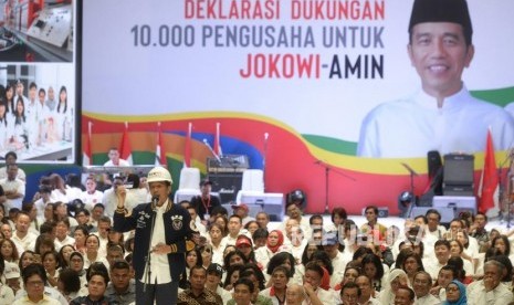 Deklarasi Pengusaha Untuk Jokowi-Amin. Capres Nomer 01 Joko Widodo menyampaikan paparan kinerja  kepada pengusaha saat deklarasi dukungan 10 ribu pengusaha untuk Jokowi-Amin di Istora Senayan, Jakarta, Kamis (21/3/2019).