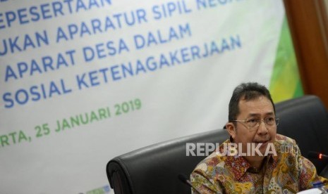 Penghargaan BPJS Ketenagakerjaan. Direktur Kepesertan BPJS Ketenagakerjaan E Ilyas Lubis menyampaikan sambutan saat pemberian penghargaan di Jakarta, Jumat (25/1/2019).