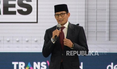 Debat Cawapres. Cawapres No 02 Sandiaga Uno saat mengikuti debat Cawapres Pilpres 2019 di Jakarta, Ahad (17/3).