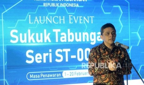 Peluncuran Sukuk ST-003. Direktur Jenderal Pengelolaan Pembiayaan dan Risiko Kementerian Keuangan Lucky Alfirman menyampaikan pengantar saat meluncurkan Sukuk Tabungan ST-003 di Jakarta, Jumat (1/2/2019).