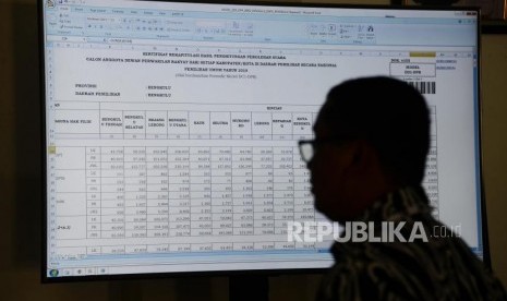 Anggota KPU melihat hasil penghitungan suara saat Rapat Pleno Rekapitulasi Hasil Penghitungan dan Perolehan Suara Tingkat Nasional Dalam Negeri dan Penetapan Hasil Pemilu 2019 di kantor KPU, Jakarta, Ahad (12/5).