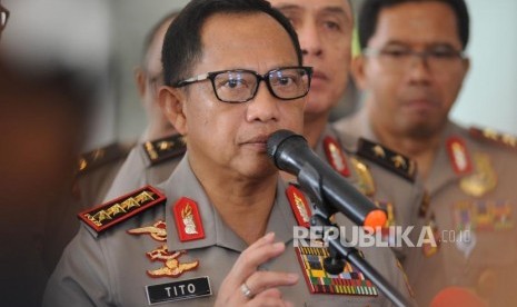 Kapolri Jendral Polisi Tito Karnavian usai memberikan pembekalan kepada Anggota Polri saat  rapat pimpinan Polri di Auditorium PTIK,  Jakarta, Rabu (24/1).