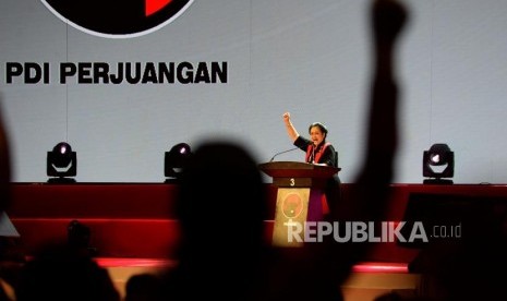 Megawati Soekarnoputri, founder and chairperson of the Indonesian Democratic for Struggle (PDIP), delivers her speech at celebration of the 46th anniversary of PDIP at JI-Expo, Kemayoran, Jakarta, Thursday (Jan 10).