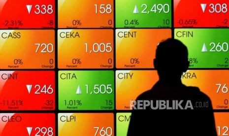 Pekerja melintas di dekat layar pergerakan Indeks Harga Saham Gabungan (IHSG) di Bursa Efek Indonesia (BEI), Jakarta. ilustrasi