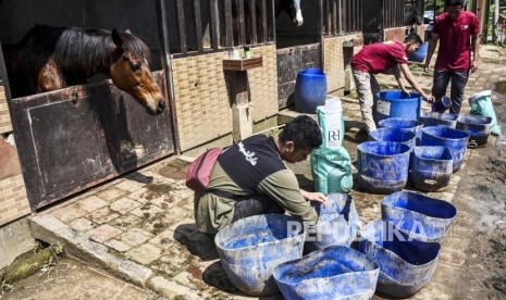 Sejumlah santri dari Daarut Tauhid menyiapkan makanan untuk kuda di areal Daarus Sunnah MQ Equestrian, Parongpong, Kabupaten Bandung Barat, Ahad (12/5).