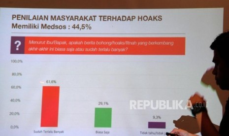 Peneliti Digitroops Yusep Munawar Sofyan memberikan paparan hasil survey Nasional Digitroops Indonesia: Hoaks di Media Sosial dan Efek Elektoralnya di Jakarta, Kamis (11/4).