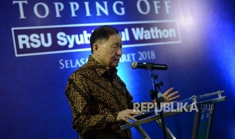 RS Syubbanul Wathon. Chairman Lippo Group Mochtar Riady, menyampaikan sambutan menjelang Topping Off RSU Syubbanul Wathon di Tegalrejo, Magelang, Jawa Tengah, Selasa (20/3).