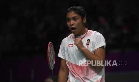   Ekpresi atlet Bulutangkis Indonesia  tim beregu putri Gregoria Mariska Tunjung   saat melawan tim beregu putri korea  dalam perdelapan final beregu putri  di Istora Senayan, Jakarta, Senin (20/8).