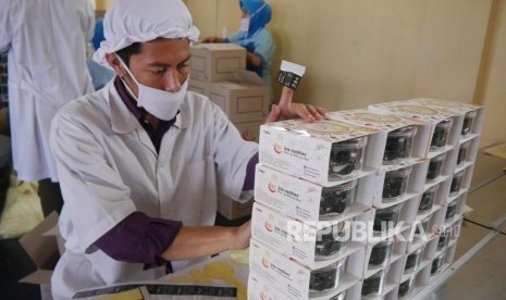 Seorang pekerja mengemas kue kering di pabrik kue kering Ina Cookies, di Jalan Bojongkoneng, Kota Bandung, Kamis (7/6).