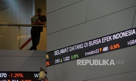 Karyawan melintas di dekat layar elektronik Indeks Harga Saham Gabungan (IHSG) di Gedung Bursa Efek Indonesia (BEI) Jakarta. ilustrasi