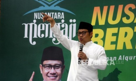  Nusantara Bertauhid. Ketua Umum PKB Muhaimin Iskandar memberikan sambutan saat peluncuran gerakan Nusantara Bertauhid di kawasan Ciganjur, Jagakarsa, Jakarta, Kamis (14/3).