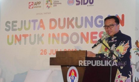 Menteri Pemuda dan Olahraga Imam Nahrawi menyampaikan kata sambutannya pada acara Sejuta Dukungan Untuk Indonesia di Jakarta, Kamis (26/7).