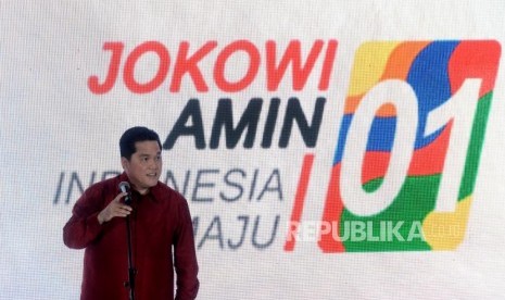 Deklarasi Pertiwi. Ketua TKN Jokowi-Amin Erick Thohir memberikan sambutan saat deklarasi dukungan kepada pasangan calon presiden nomor urut 01 Joko Widodo-Maruf Amin di Jakarta, Sabtu (17/11/2018).