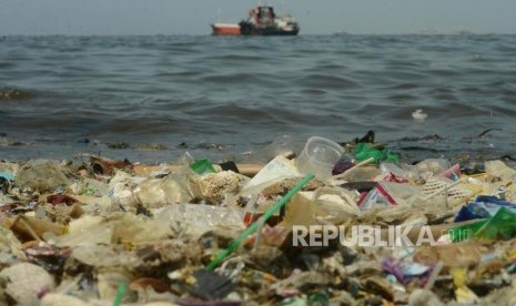 Sejumlah sampah mengalir ke perairan Teluk Jakarta di Cilincing, Jakarta Utara.