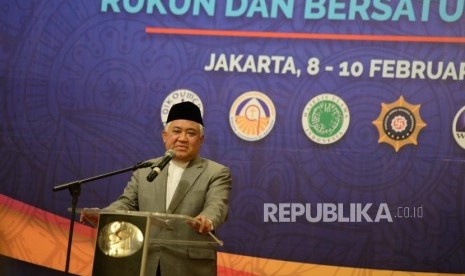 Musyawarah Besar Pemuka Agama. Utusan Khusus Presiden untuk Dialog dan Kerja Sama Antar Agama dan Peradaban (UKP-DKAAP) Din Syamsuddin memberikan paparan saat pembukaan Musyawarah Besar Pemuka Agama Untuk Kerukunan Bangsa di Jakarta, Kamis (8/2).