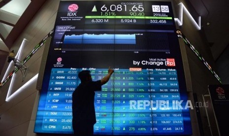 Pegawai mengamati layar pergerakan saham di Bursa Efek Indonesia (BEI), Jakarta. BEI mencatat jumlah investor pasar modal Indonesia telah mencapai 1,5 juta.