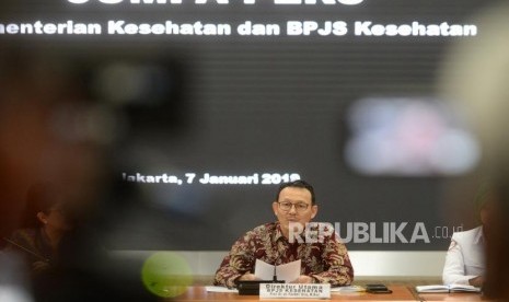 Polemik Pemutusan BPJS Kesehatan. Dirut BPJS Kesehatan Fahmi Idris menggelar konpres bersama di Kemenkes, Jakarta, Senin (7/1/2019).