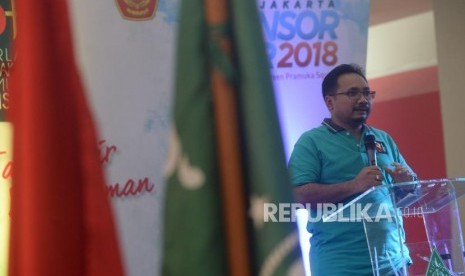 Ketua Umum Gerakan Pemuda Ansor Yaqut Cholil Qoumas memberikan sambutan pada acara pembukan pameran Ansor Fair 2018 di Jakarta, Ahad (22/4).