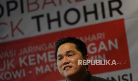 Ngopi Bareng Erick Thohir. Ketua TKN Jokowi-Maruf Amin, Erick Thohir menyampaikan paparan saat acara Ngopi bareng Erick Thohir di Jakarta, Selasa (27/11).