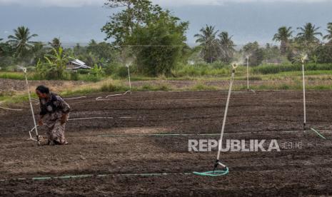 Seorang petani menancapkan kincir air buatan untuk membasahi lahan pertaniannya di kawasan transmigrasi Desa Bulupontu, Sigi, Sulawesi Tengah, Ahad (4/4/2021). Petani transmigran di wilayah itu mengaku kesulitan mendapatkan air untuk tanaman mereka karena salah satu dari dua pipa air yang ada rusak dan mengakibatkan harus antre mendapatkan pasokan air serta  harus membuat bak penampung.