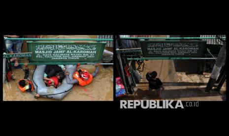 Foto kolase pemukiman yang terendam banjir pada Selasa (4/3/2025) (kiri) dan foto saat banjir surut di Rawajati, Jakarta pada Rabu (5/3/2025).