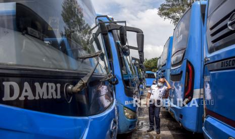 Petugas beraktivitas di antara deretan bus kota Damri (ilustrasi).  amri resmi membuka layanan operasional angkutan pemadu moda di Bandara Syamsudin Noor, Kalimantan Selatan.Foto: Republika/Abdan Syakura