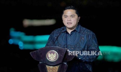 Menteri BUMN Erick Thohir saat menghadiri peresmian renovasi Taman Mini Indonesia Indah (TMII) di TMII, Jakarta Timur, Jumat (1/9/2023).