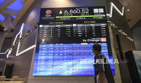 Pekerja berada di depan layar yang menampilkan pergerakan Indeks Harga Saham Gabungan (IHSG) di Bursa Efek Indonesia, Jakarta, Rabu (26/4/2023). Usai cuti bersama Lebaran 2023, Indeks Harga Saham Gabungan (IHSG) pada Rabu (26/4) dibuka menguat 60 poin (0,88 persen) ke 6.877. 