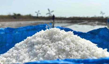 Garam hasil panen petani di Desa Rawaurip, Kecamatan Pangenan, Kabupaten Cirebon, Jawa Barat. 