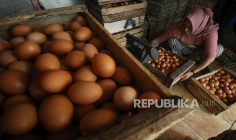 Pekerja menata telur ayam ras di salah satu stan, di Pasar Pabean, Surabaya, Jawa Timur. Pemkot Surabaya mengoptimalkan operasi pasar untuk menstabilkan harga telur.