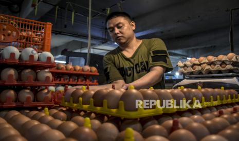 Pedagang menata telur ayam di lapaknya di Pasar Kosambi, Kota Bandung.