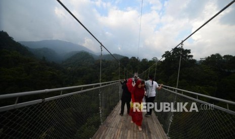 Wisatawan  melintasi  Situ Gunung Suspension Bridge di Taman Nasional Gunung Gede Pangrango, Kadudampit, Sukabumi, Selasa (19/6).