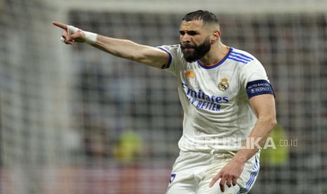 Striker Real Madrid, Karim Benzema. Benzema persingkat waktu libur demi berlatih jelang final Liga Champions kontra Liverpool pada 28 Mei 2022.