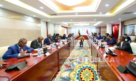 Presiden Joko Widodo (Jokowi) saat melakukan pertemuan bilateral dengan Presiden Republik Mozambik Filipe Nyusi di Maputo, Mozambik, Rabu (23/8/2023).  