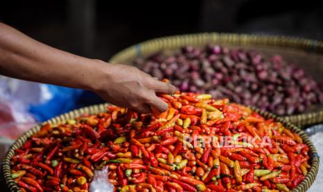 Pedagang membungkus cabai untuk pembeli di Pasar Kebayoran Lama, Jakarta, Senin (11/3/2024).