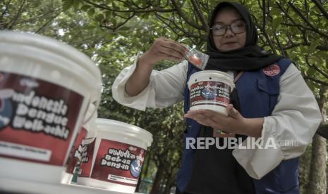 Petugas dari Dinas Kesehatan (Dinkes) Kota Bandung memasukkan pakan dan telur nyamuk yang sudah disuntikkan bakteri Wolbachia ke dalam di Kantor Dinkes Kota Bandung, Bandung, Jawa Barat, Senin (13/11/2023). Pemerintah Kota Bandung telah mengimplementasikan inovasi bakteri wolbachia ke dalam telur-telur nyamuk Aedes aegypty guna menekan kasus DBD di Kota Bandung. Kota Bandung merupakan satu dari lima kota pilot project untuk implementasi penanggulangan DBD berbasis teknologi wolbachia.