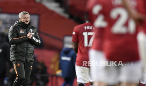 Reaksi Manajer Manchester United Ole Gunnar Solskjaer menyusul pertandingan sepak bola Liga Utama Inggris antara Manchester United dan West Ham United di Old Trafford, Manchester, Inggris, Senin (14/3).